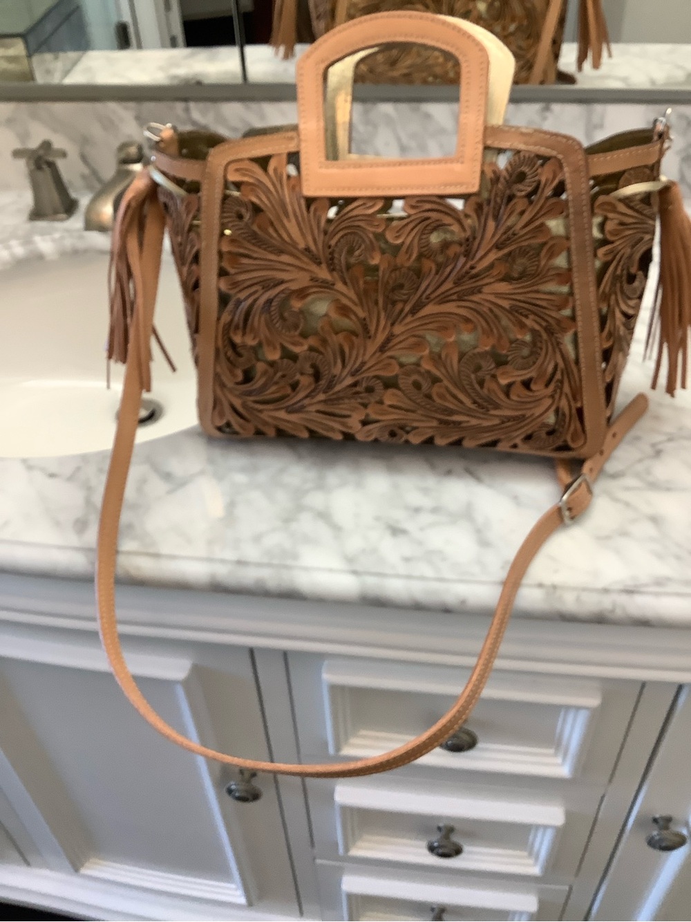 Tan Floral Tooled Leather Crossbody Bag with Tassel Accents - Picture 10 of 11
